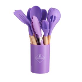 11pcs Wooden Handle Silicone Kitchen Utensils Set Storage Bucket Non-stick Shovel Spoon Cooking Kitchen Utensils 11 Pieces Set Silicone Shovel Spoon (Green: Purple)