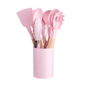 11pcs Wooden Handle Silicone Kitchen Utensils Set Storage Bucket Non-stick Shovel Spoon Cooking Kitchen Utensils 11 Pieces Set Silicone Shovel Spoon (Green: Pink)