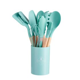 11pcs Wooden Handle Silicone Kitchen Utensils Set Storage Bucket Non-stick Shovel Spoon Cooking Kitchen Utensils 11 Pieces Set Silicone Shovel Spoon (Green: Dark Green)