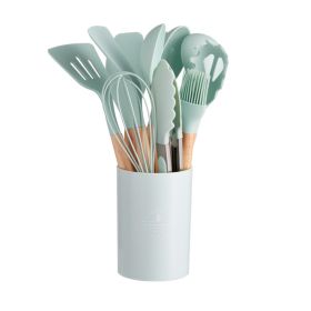 11pcs Wooden Handle Silicone Kitchen Utensils Set Storage Bucket Non-stick Shovel Spoon Cooking Kitchen Utensils 11 Pieces Set Silicone Shovel Spoon (Green: Light Green)