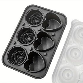 1pc Ice Cube Tray; Rose Flower And Heart Shaped Ice Cube Mold; Food Grade Silicone Ice Ball Maker; Kitchen Tools; Kitchen Supplies (Green: 3 Hearts 3 Roses Ice Tray-Black)