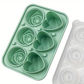 1pc Ice Cube Tray; Rose Flower And Heart Shaped Ice Cube Mold; Food Grade Silicone Ice Ball Maker; Kitchen Tools; Kitchen Supplies (Green: 3 Hearts 3 Roses Ice Tray-Mint Green)