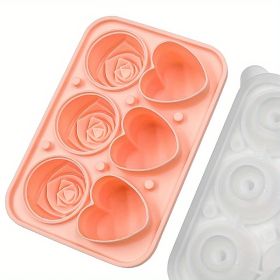 1pc Ice Cube Tray; Rose Flower And Heart Shaped Ice Cube Mold; Food Grade Silicone Ice Ball Maker; Kitchen Tools; Kitchen Supplies (Green: 3 Hearts 3 Roses Ice Tray-Pink)