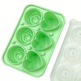 1pc Ice Cube Tray; Rose Flower And Heart Shaped Ice Cube Mold; Food Grade Silicone Ice Ball Maker; Kitchen Tools; Kitchen Supplies (Green: 3 Hearts 3 Roses Ice Tray-Green)