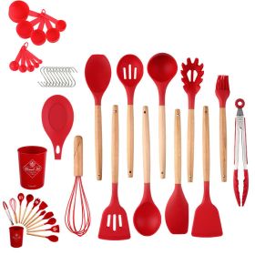 33pcs Set Wooden Handle Silicone Kitchen Utensils 33 Pieces Set Silicone Spoon Shovel Kitchen Gadgets Set Silicone Kitchen Utensils (Green: Red)