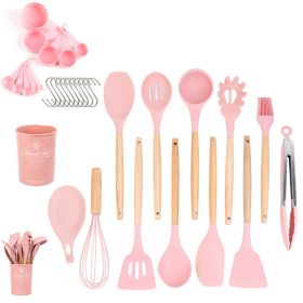 33pcs Set Wooden Handle Silicone Kitchen Utensils 33 Pieces Set Silicone Spoon Shovel Kitchen Gadgets Set Silicone Kitchen Utensils (Green: Pink)