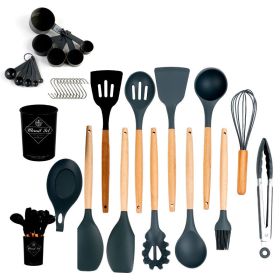 33pcs Set Wooden Handle Silicone Kitchen Utensils 33 Pieces Set Silicone Spoon Shovel Kitchen Gadgets Set Silicone Kitchen Utensils (Green: Gray)