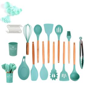 33pcs Set Wooden Handle Silicone Kitchen Utensils 33 Pieces Set Silicone Spoon Shovel Kitchen Gadgets Set Silicone Kitchen Utensils (Green: Dark Green)