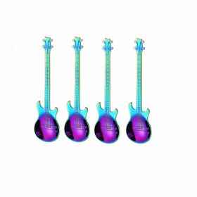 4Pcs Metal Guitar Spoon Flatware Set 18/10 Stainless Steel Guitar Spoons Creative Milk Coffee Spoon Ice Cream Candy Teaspoon (Green: Rainbow 4 Pcs)