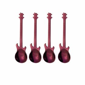 4Pcs Metal Guitar Spoon Flatware Set 18/10 Stainless Steel Guitar Spoons Creative Milk Coffee Spoon Ice Cream Candy Teaspoon (Green: Purple 4 Pcs)