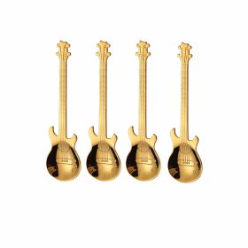 4Pcs Metal Guitar Spoon Flatware Set 18/10 Stainless Steel Guitar Spoons Creative Milk Coffee Spoon Ice Cream Candy Teaspoon (Green: Golden 4 Pcs)