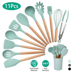 11Pcs Silicone Cooking Utensil Set Heat Resist Wooden Handle Silicone Spatula Turner Ladle Spaghetti Server Tongs (Green: LightGreen)